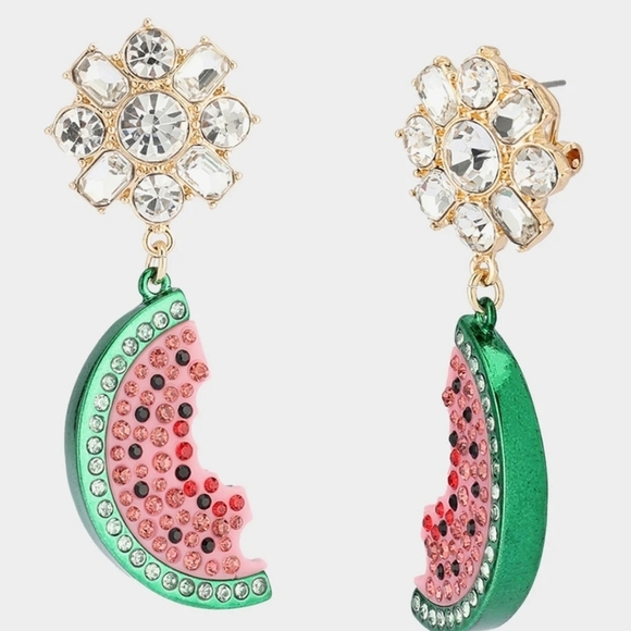 🍉🔹️Betsey Johnson🔹️ Backyard Watermelon Rhinestone Pink Drop Earrings - Picture 1 of 5